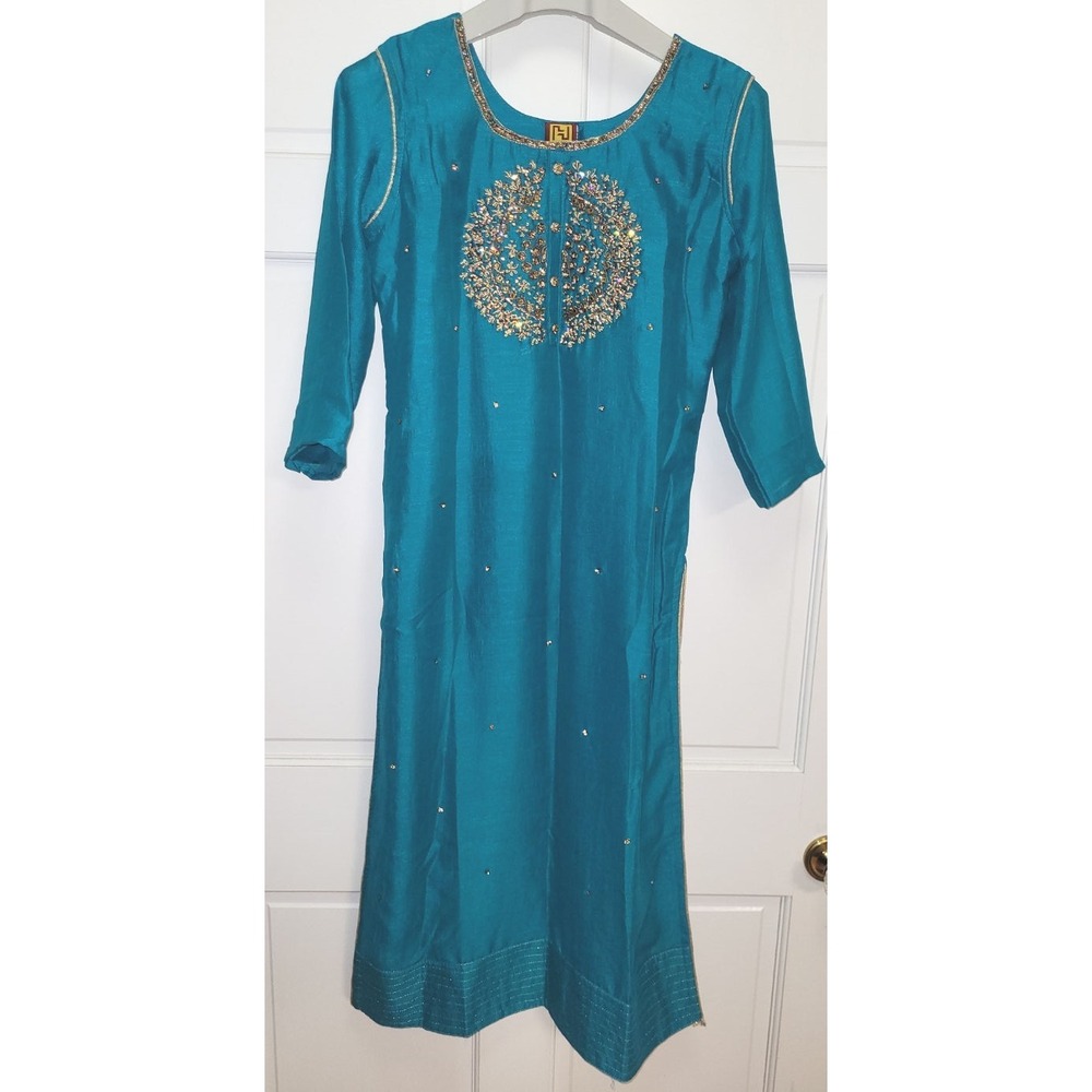 Hariom Women's 3pc Silk Long Kurta Dress Suit w/ Chiffon Dupatta - Teal - Large